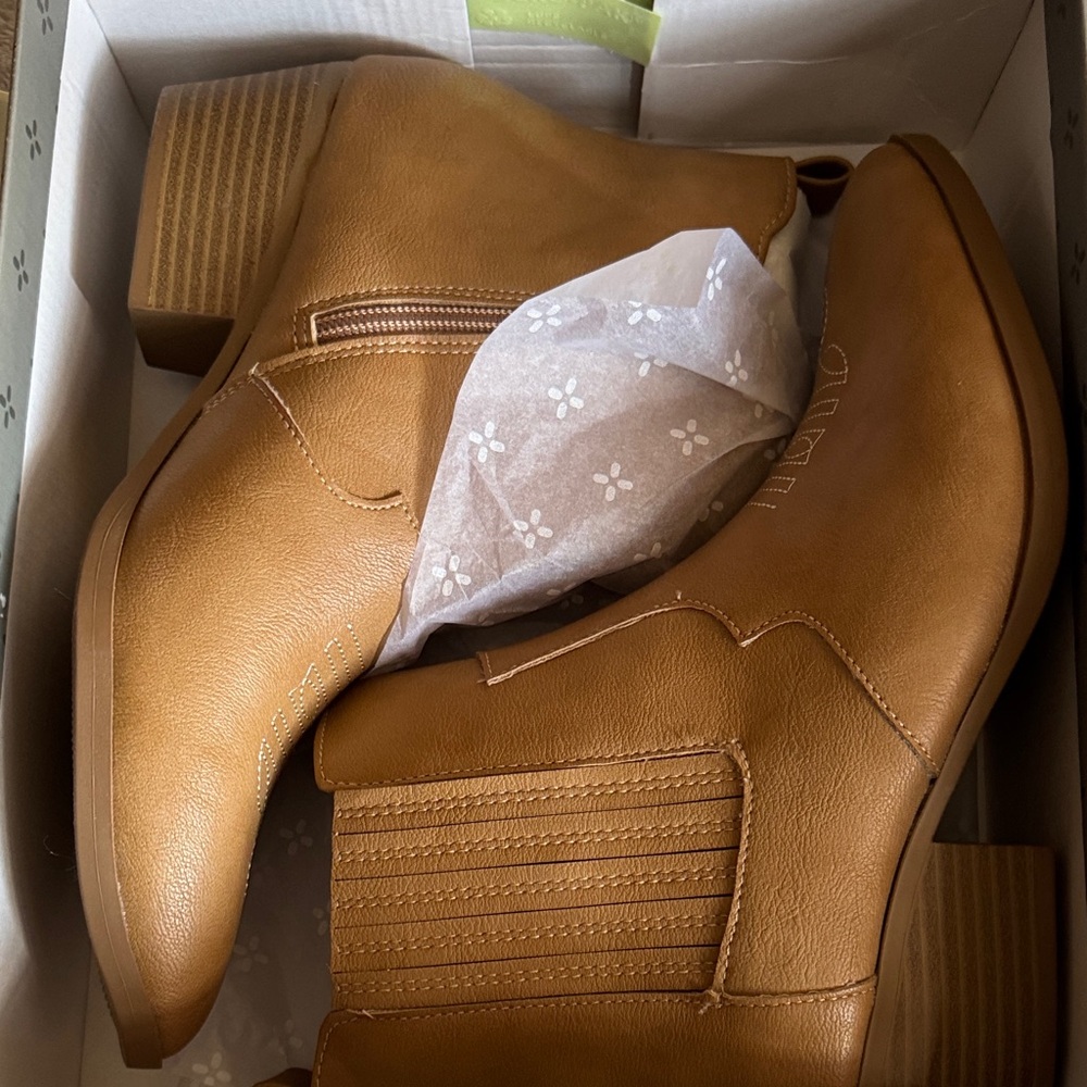 Sun + Stone Cognac Tan Ankle Booties with Low Block Heel